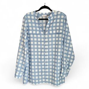 Calvin Klein Plus Size 2X Blue Watercolor Grid V-Neck